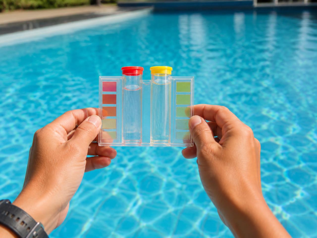 Pool water test kit held above clear blue pool water