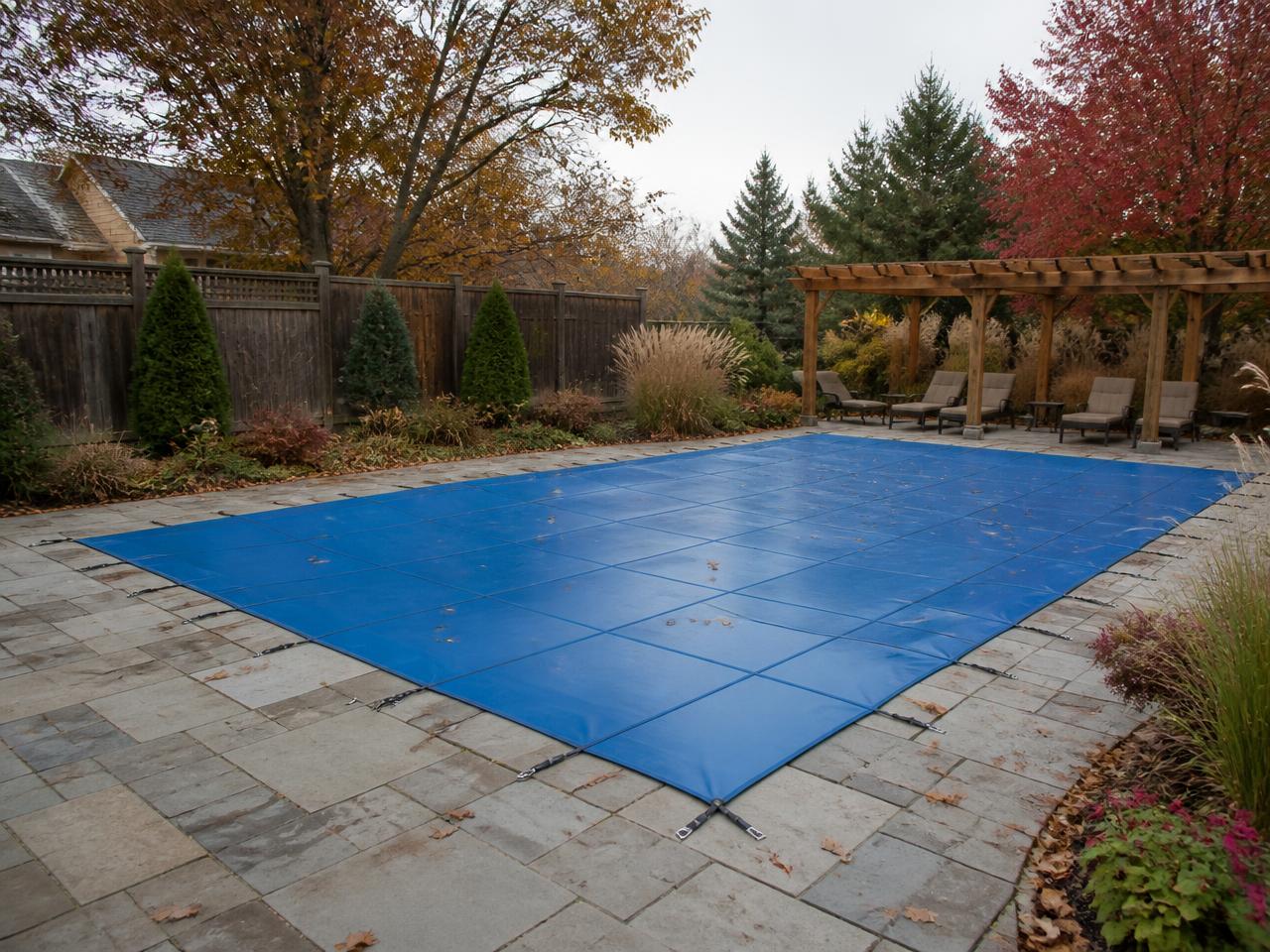 Residential pool with a winter safety cover installed