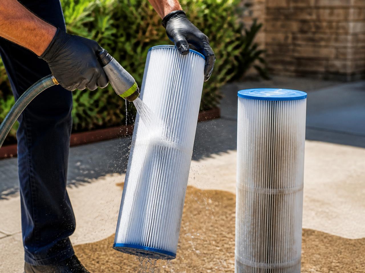 Pool filter cartridges being rinsed clean
