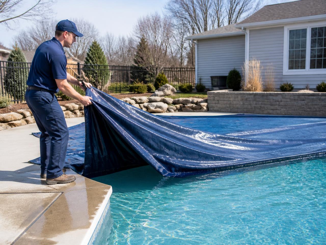 Technician removing a winter cover from a pool in spring