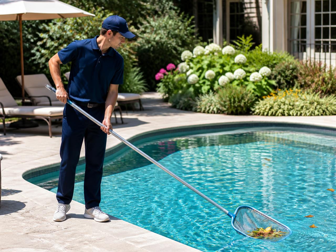 Technician skimming leaves from a clean backyard swimming pool